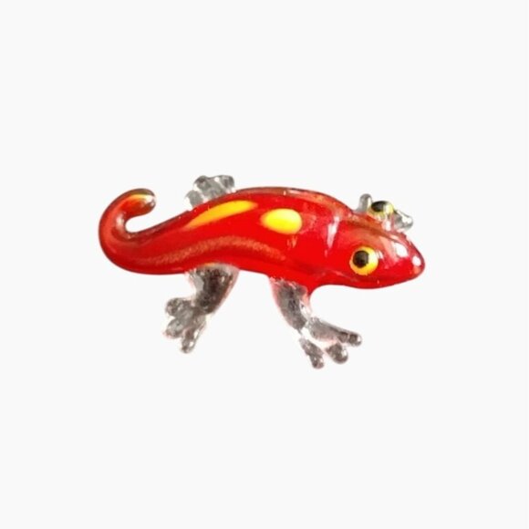Miniature Glass Salamander Figurine, Magnifier Lid, Display Case, Red Lizard - Picture 1 of 9